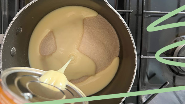 pour condensed milk into pan
