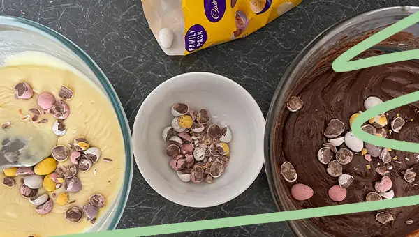 stir in cadbury mini eggs to fudge mixtures